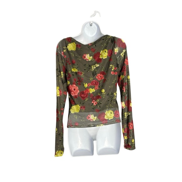 Bar III Women's Olive Green Floral Mesh‎ Square Neck Ruched Long Sleeve Top L - Picture 4 of 5